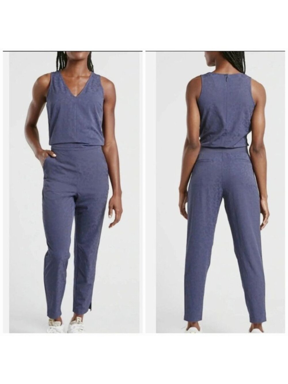 Athleta romper sz 12 Brooklyn Slate Blue Animal Print Jacquard V neck Jumpsuit